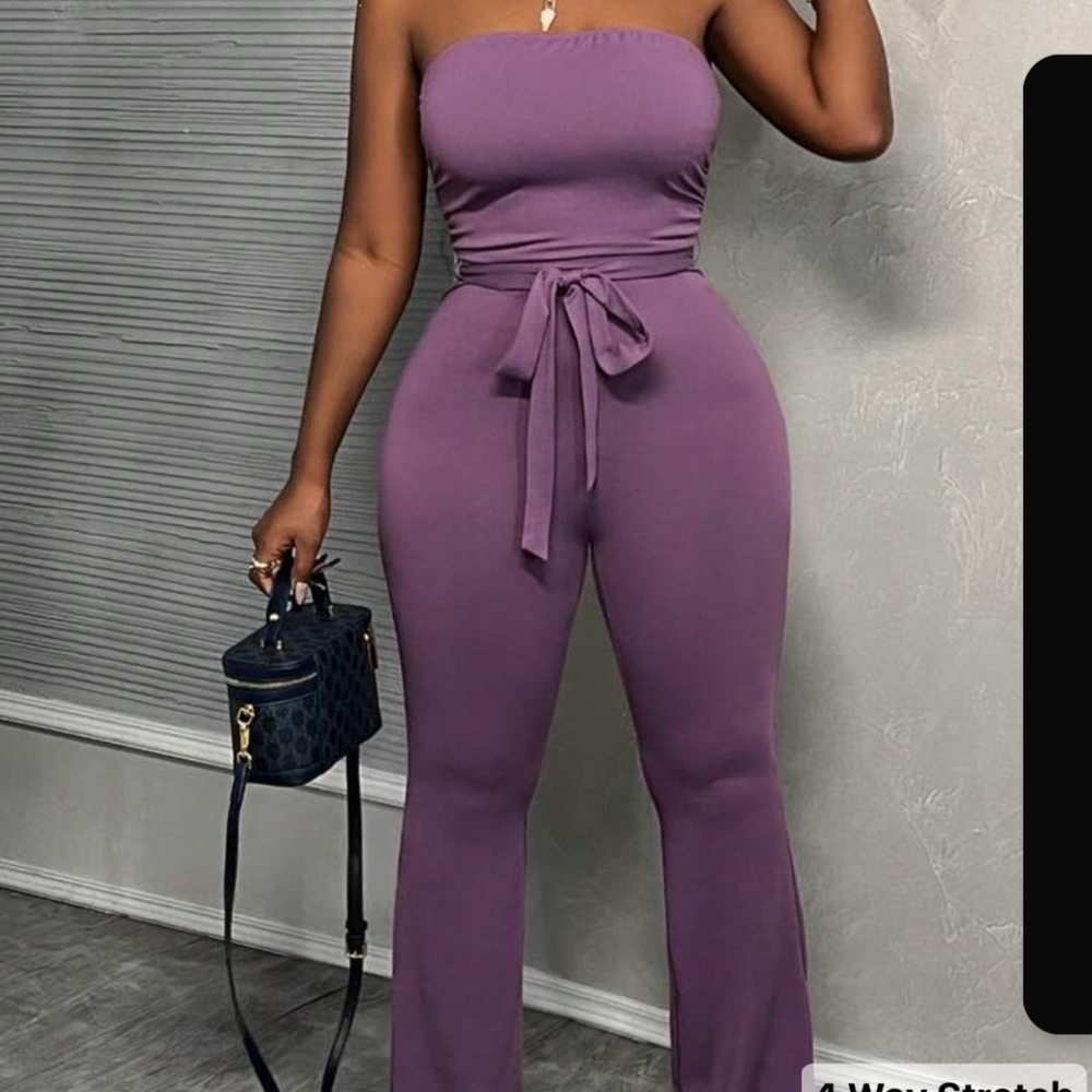 Strapless Tie-Waist Flared Jumpsuit in Mauve